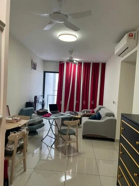 Living features: white painted walls, glossy tile flooring, 5-blade ceiling fan with light, recessed ceiling light, floor-to-ceiling windows, sliding glass door, red curtains, sofa in white, glass dining table, 4 dining chairs, TV console, air conditioning unit; style: modern.