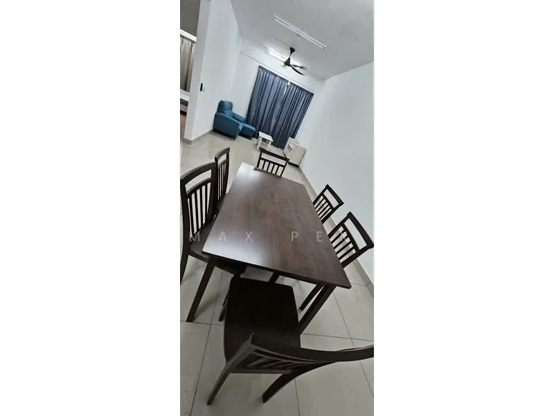 Dining features: wooden dining table, 4 dining chairs, white painted walls, tile flooring, ceiling fan, curtains, sideboard, open layout to living area; style: modern. Living features: blue fabric sofa, white painted walls, tile flooring, ceiling fan, curtains, side table; style: modern.