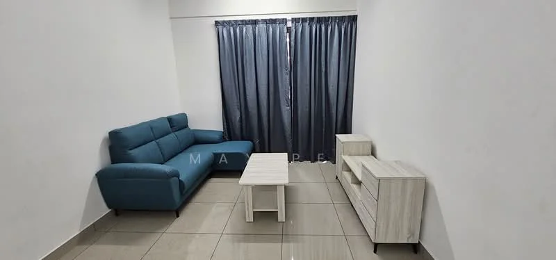 Living features: blue fabric sectional sofa, white coffee table, light wood TV console, grey floor tiles, white painted walls, floor-to-ceiling curtains in dark blue, natural light from window, minimalist decor; style: modern.