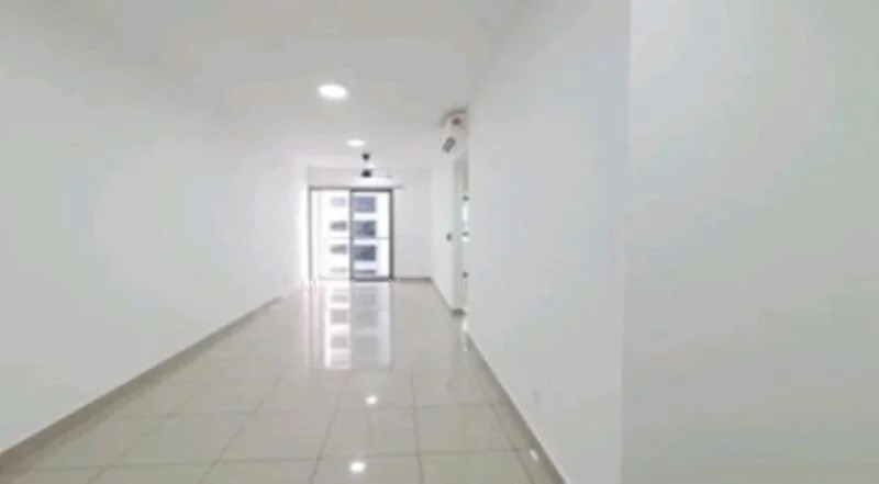 Room features: white painted walls, glossy tile flooring, recessed downlights, sliding glass door, floor-to-ceiling windows, air conditioning unit; style: modern.