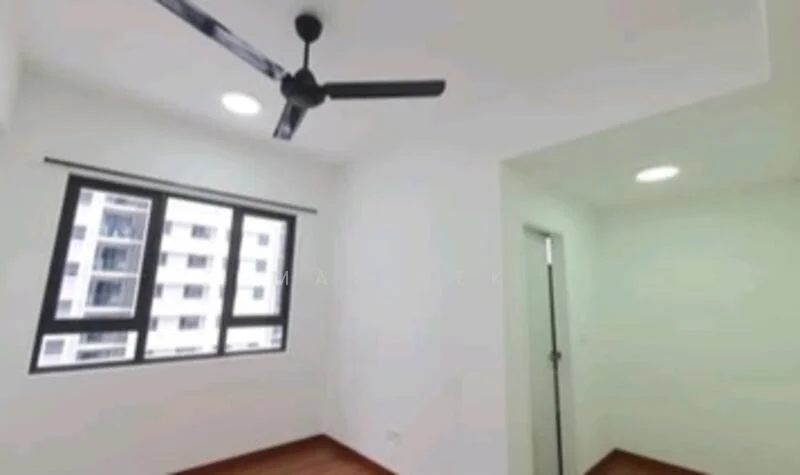Room features: white painted walls, wooden flooring, 5-blade ceiling fan, floor-to-ceiling windows, window treatments not visible, recessed downlights, door to adjacent room; style: modern.