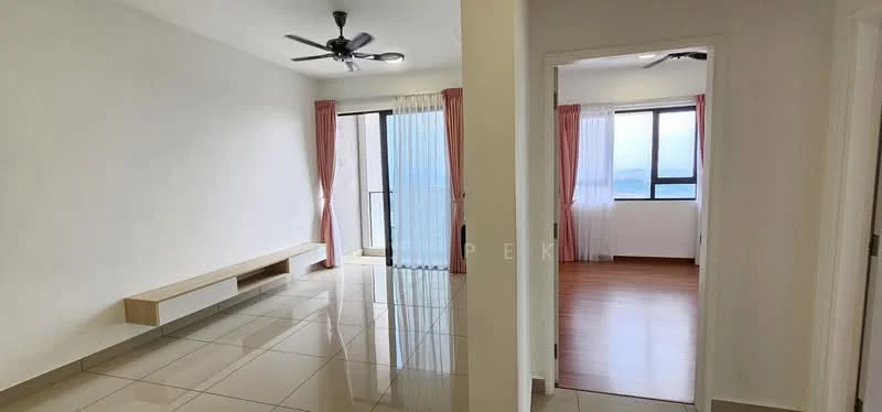 Room features: white painted walls, glossy tile flooring, 5-blade ceiling fan, floor-to-ceiling windows, sheer curtains, wooden flooring in adjacent room, balcony access, built-in wall shelf; style: modern; view: city.