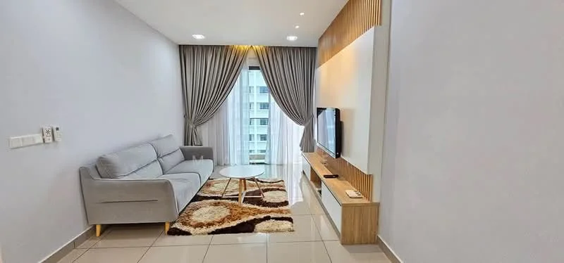 Living features: grey fabric 3-seater sofa, round coffee table, area rug with abstract pattern, wall-mounted TV, wooden TV console, floor-to-ceiling windows, sheer curtains, recessed downlights, cream painted walls, glossy tile flooring; style: modern; view: city.