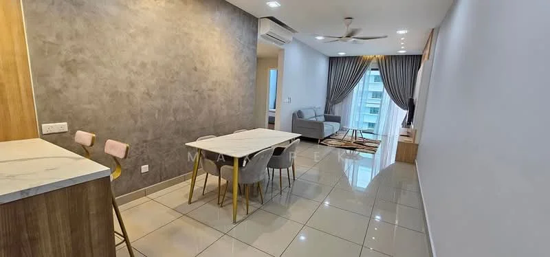 Living features: grey accent wall, white painted walls, glossy tile flooring, 5-blade ceiling fan with light, recessed downlights, floor-to-ceiling windows, sheer curtains, area rug with geometric pattern, sofa, dining table with 4 chairs, kitchen island with marble countertop, bar stools; style: modern; view: city.