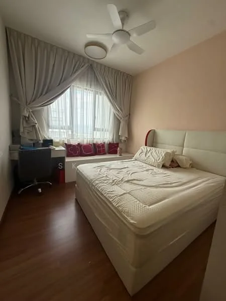 Bedroom features: queen-size bed, upholstered headboard, bedside lamps, wooden flooring, floor-to-ceiling window, sheer curtains, desk with chair, built-in wardrobe, decorative cushions on window seat, ceiling fan; style: modern.