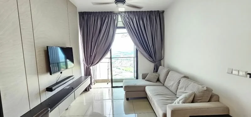 Living features: L-shape sectional sofa in light grey, wall-mounted TV, white media console, floor-to-ceiling windows, sheer curtains, recessed downlights, ceiling fan, glossy tile flooring, city view; style: modern; view: city.