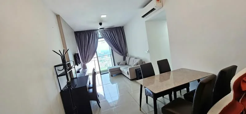 Living features: grey fabric sofa, coffee table, TV console, wall-mounted TV, floor-to-ceiling windows, sheer curtains, recessed downlights, marble tile flooring, air conditioning unit, decorative wall, dining table with black chairs; style: modern; view: city.