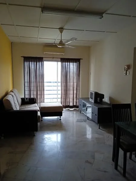 Living features: 3-seater fabric sofa in beige, ottoman, coffee table, TV console, wall-mounted TV, floor-to-ceiling windows, sheer curtains, marble flooring, ceiling fan, air conditioning unit, dining table with chairs, yellow accent wall; style: modern; view: city.
