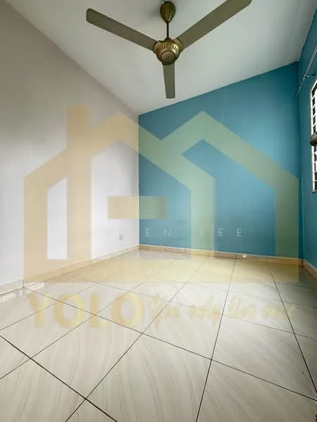 Room features: light blue accent wall, white painted walls, ceramic tile flooring, ceiling fan, window with grille, neutral color scheme; style: modern.