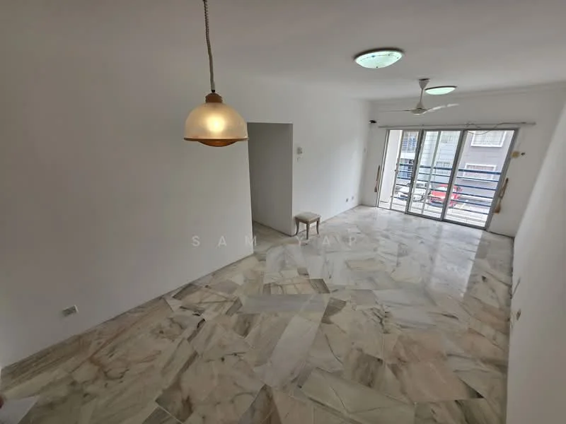 Living features: marble flooring, white painted walls, 5-blade ceiling fan, pendant lamp, sliding glass door, floor-to-ceiling windows, access to balcony, natural light; style: modern; view: city.