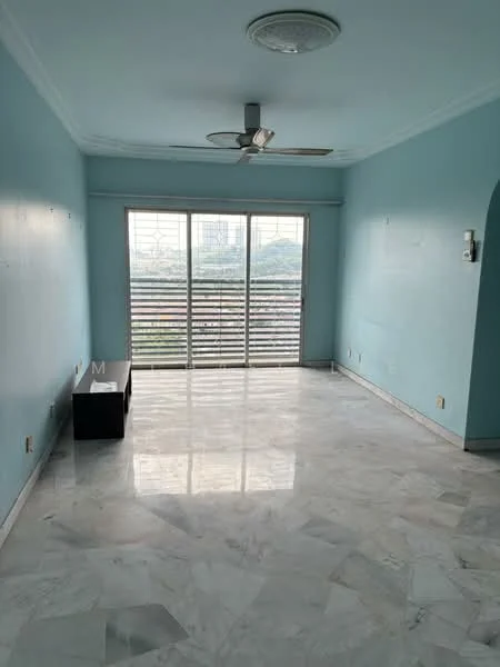 Living features: light blue painted walls, marble flooring, 5-blade ceiling fan, floor-to-ceiling windows, sliding glass door, window treatments, decorative ceiling rose, view of city skyline; style: modern; view: city.