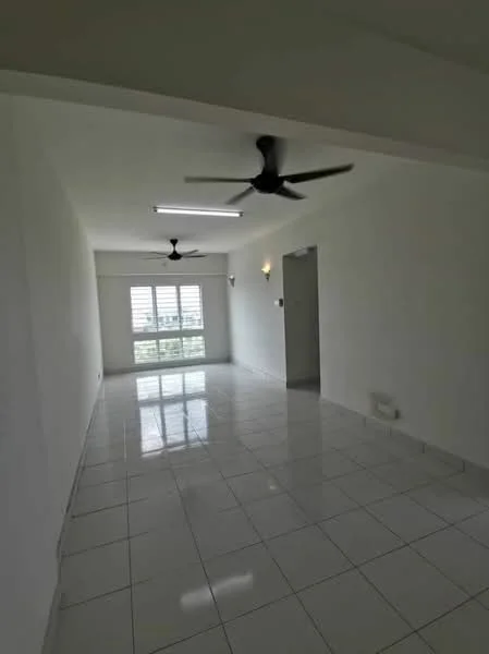 Living features: white painted walls, glossy white tile flooring, 2 ceiling fans, recessed LED downlights, large window with horizontal blinds, neutral color scheme, open layout, no visible furniture; style: modern; view: garden.