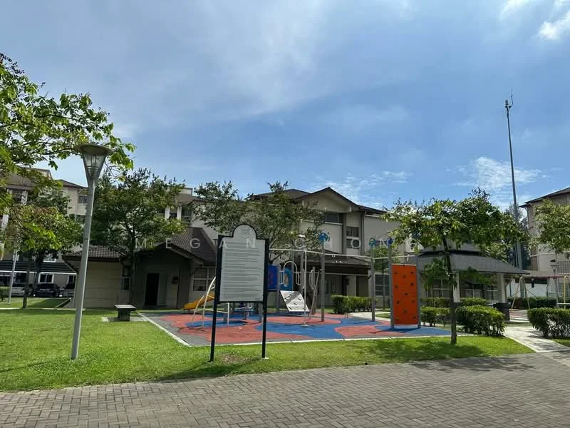 Exterior type: low-rise apartment block; features: landscape garden, manicured lawn, playground with climbing wall, playground with swings, paved walkway, outdoor lighting, mature trees, open green space; style: modern.