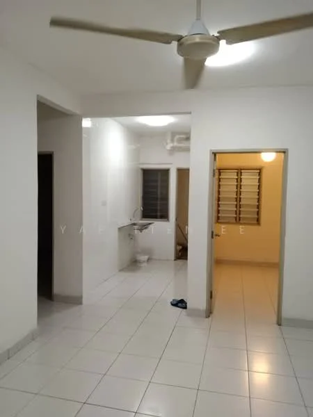 Room features: white painted walls, white ceiling, tile flooring, ceiling fan, window with horizontal bars, doorway leading to another room, doorway leading to bathroom, light fixture on ceiling.