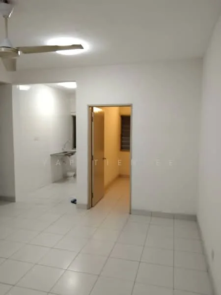Room features: white painted walls, tile flooring, ceiling fan, doorway leading to another room, open layout, window with blinds, light fixture in ceiling; style: modern.