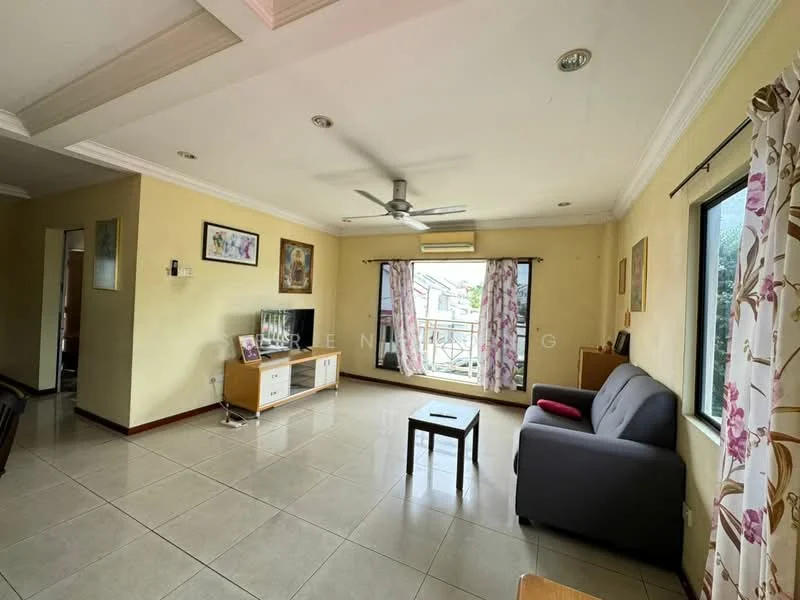 Living features: cream painted walls, white ceiling with crown moulding, tile flooring, 5-blade ceiling fan with light, sofa in grey, coffee table, TV console, wall-mounted TV, floor-to-ceiling windows with sheer curtains, sliding glass door, decorative artwork on walls, area rug; style: contemporary; view: garden.