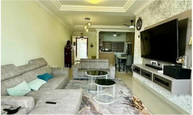 Living features: 3-seater fabric sofa in grey, 2-seater fabric sofa in grey, coffee table with white metal legs, area rug with marble pattern, wall-mounted TV, TV console with storage, ceiling fan, recessed downlights, decorative wall with textured finish, light fixture with multiple bulbs, sliding glass door, window with sheer curtains; style: modern.