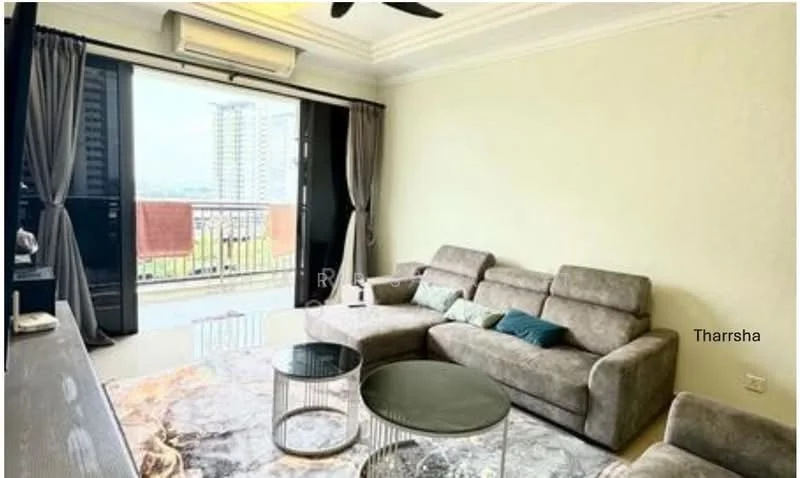 Living features: grey fabric L-shape sectional sofa, glass coffee table, area rug with abstract pattern, floor-to-ceiling sliding glass door, blackout curtains, wall-mounted air conditioning unit, ceiling fan with light, decorative wall with light green paint, balcony view, TV console, wall-mounted TV; style: modern; view: city.