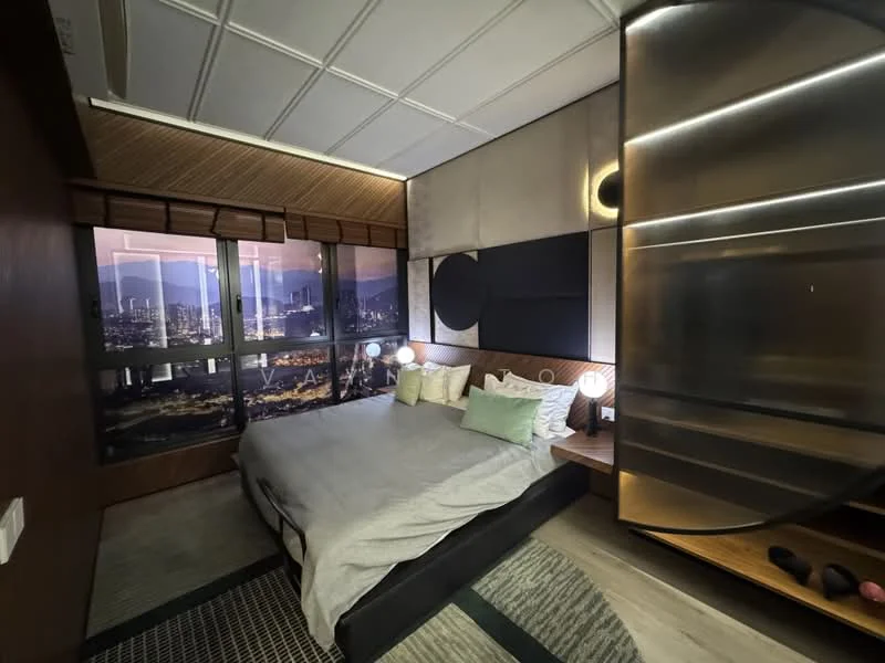 Bedroom features: king-size bed with grey bedding, upholstered headboard, two bedside lamps, wooden nightstands, floor-to-ceiling windows with city view, decorative wall with city skyline, wood paneling on walls, recessed ceiling lights, area rug with geometric pattern, built-in wardrobe with sliding doors; style: modern; view: city.