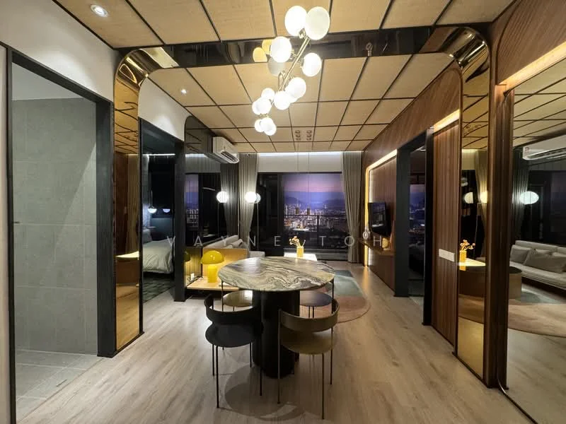Living features: wooden flooring, recessed downlights, pendant light fixture with multiple bulbs, large windows with city view, wall-mounted TV, sofa in light color, decorative area rug, round dining table with marble top, four dining chairs in different colors, accent wall with wood paneling, air conditioning unit; style: modern; view: city.