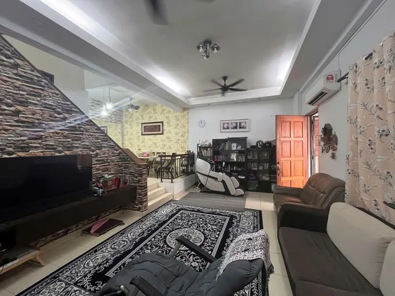 Living features: stone accent wall, white painted walls, recessed ceiling with LED lights, ceiling fan, large flat-screen TV, dark wood TV console, area rug with intricate pattern, 2-seater fabric sofa in beige, 3-seater fabric sofa in grey, coffee table, decorative wall clock, bookshelf with books and decor items, dining area visible in background, staircase leading to upper level; style: modern.
