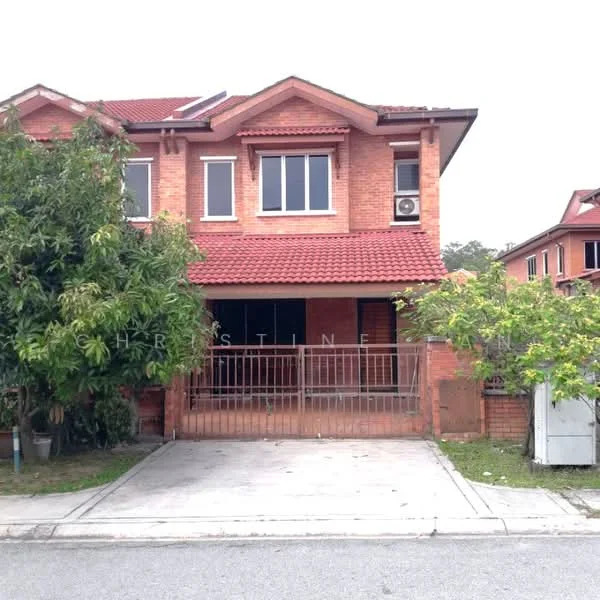 Exterior type: semi-detached house; features: red brick facade, pitched tile roof, front porch with gate, manicured lawn, mature trees, driveway, air conditioning unit visible on wall; style: modern.