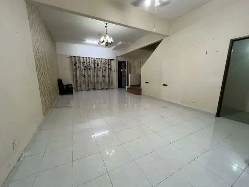 Living features: white painted walls, glossy ceramic tile flooring, ceiling with chandelier, 5-blade ceiling fan, curtains on windows, staircase visible in background, corner chair, neutral color scheme; style: modern.