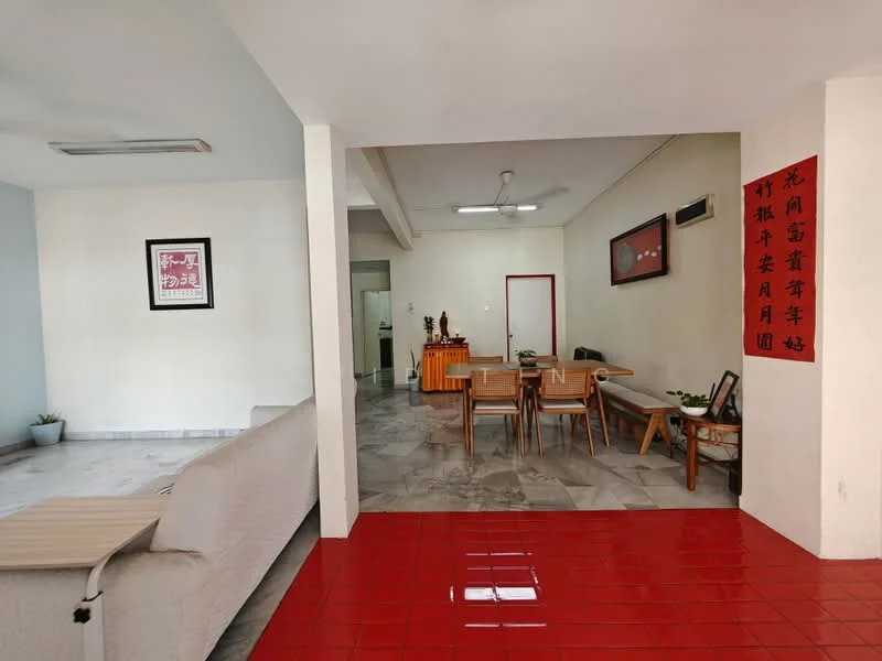 Living features: white painted walls, marble tile flooring, red tile flooring, 5-blade ceiling fan, wall-mounted air conditioning unit, sofa, dining table with chairs, decorative wall art, houseplants in ceramic pots; style: modern. Dining features: dining table with wooden finish, upholstered dining chairs; style: modern.
