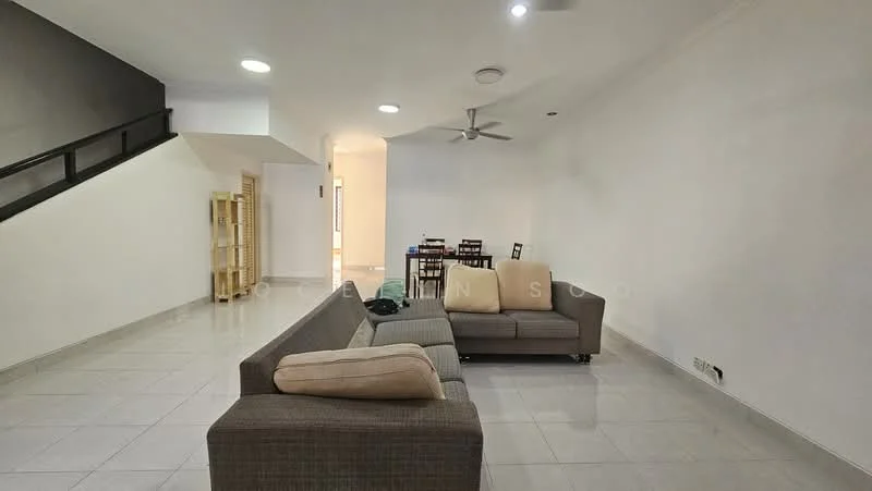 Living features: light grey painted walls, white ceiling, recessed downlights, 5-blade ceiling fan, large beige fabric sofa, brown fabric sofa, glass coffee table, dining table with four chairs, ceramic tile flooring, open layout, staircase with black railing; style: modern.