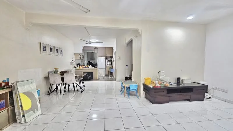 Living features: white painted walls, glossy white tile flooring, ceiling fan, recessed downlights, large open space, TV console, coffee table, dining table with chairs, blue children's chair, decorative wall art, kitchen area visible in background; style: modern.