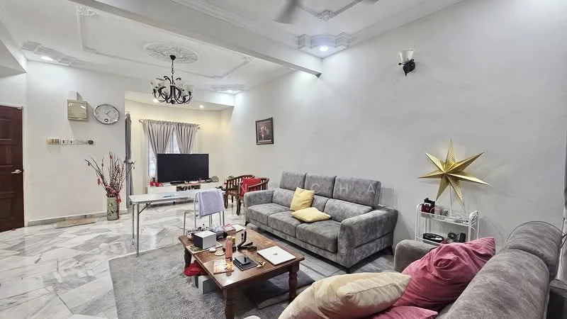 Living features: grey fabric sofa, 2-seater grey sofa, wooden coffee table, area rug, marble flooring, white painted walls, ceiling fan with light, chandelier, wall-mounted artwork, curtains, decorative star wall art, side table with decorative items; style: modern.