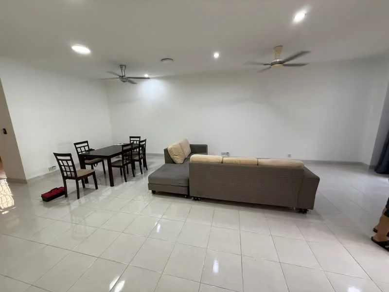 Living features: white painted walls, glossy ceramic tile flooring, 5-blade ceiling fan with light, 2-seater fabric sofa in beige, 3-seater fabric sofa in grey, dining table for 6 with wooden chairs, recessed downlights, curtains, open layout; style: modern.