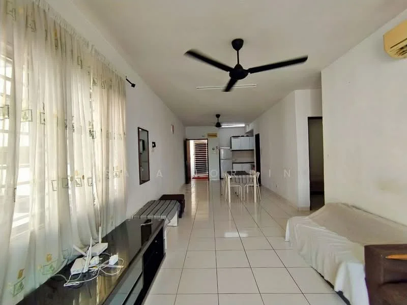 Living features: white painted walls, white tiled flooring, 5-blade ceiling fan, sofa with white cover, TV console, wall-mounted TV, dining table with chairs, large windows with sheer curtains; style: minimalist.