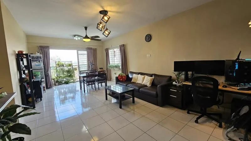 Living features: 3-seater leather sofa in brown, coffee table with glass top, TV console, wall-mounted TV, 2 ceiling fans, dining table for 4, floor-to-ceiling windows, curtains, decorative wall clock, ceramic tile flooring, wall-mounted computer setup, houseplants in pots, light fixtures with multiple bulbs; style: modern; view: garden.