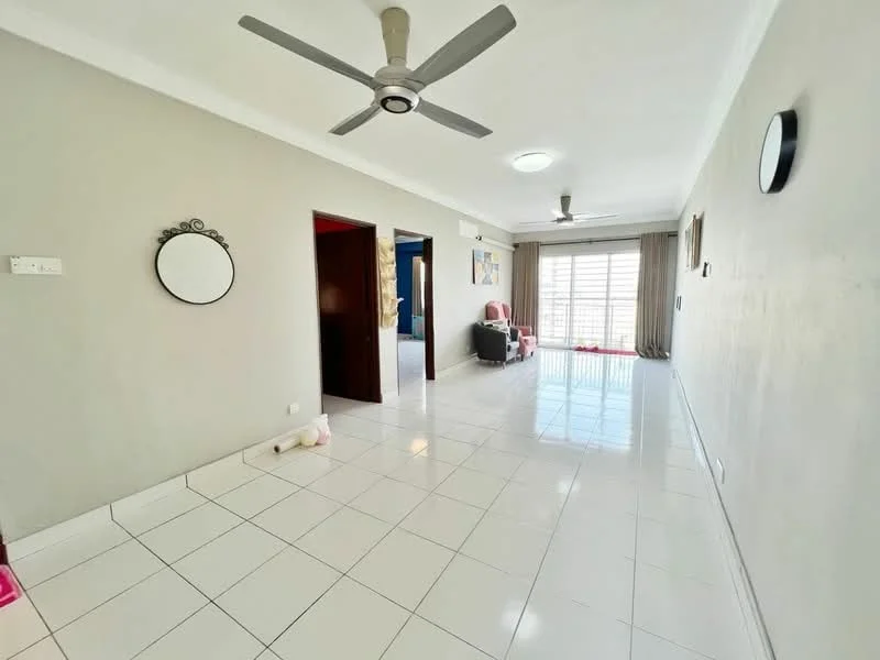 Living features: white painted walls, glossy white tile flooring, 5-blade ceiling fan, recessed ceiling lights, large sliding glass door, floor-to-ceiling windows, decorative wall mirror, neutral color scheme, open layout, natural light, curtains, wall-mounted light fixtures; style: modern; view: city.