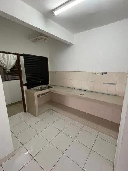 Kitchen features: single-bowl stainless-steel sink, chrome faucet, laminate countertop, white tiled backsplash, cream tiled walls, white painted walls, white ceiling, fluorescent lighting, floor tiles, window with black blinds, built-in cabinetry, open layout; style: modern.