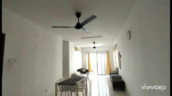Living features: white painted walls, polished tile flooring, 2 ceiling fans, floor-to-ceiling sliding glass door, curtains, dining table with chairs, sofa, decorative wall art, air conditioning unit; style: modern.
