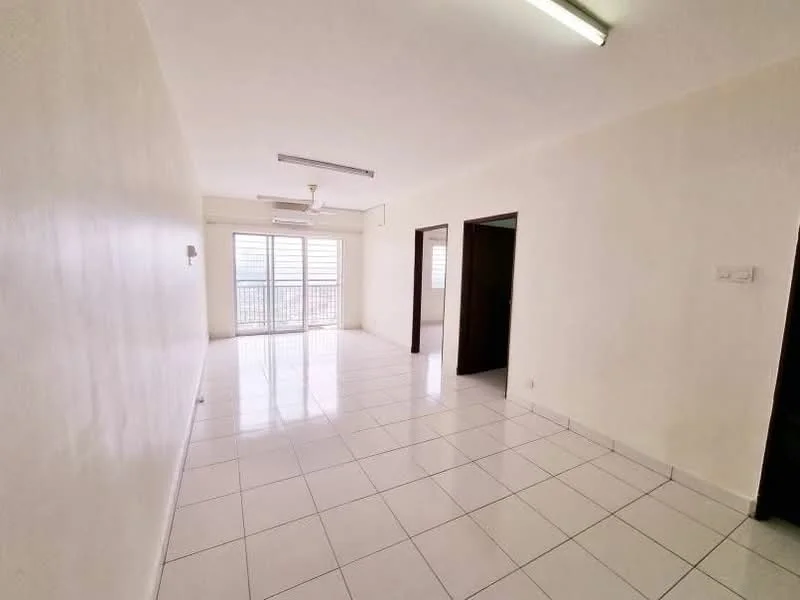 Room features: white painted walls, glossy white tile flooring, ceiling lights, 5-blade ceiling fan, floor-to-ceiling windows, sliding glass door, door to adjacent rooms; style: modern; view: city.