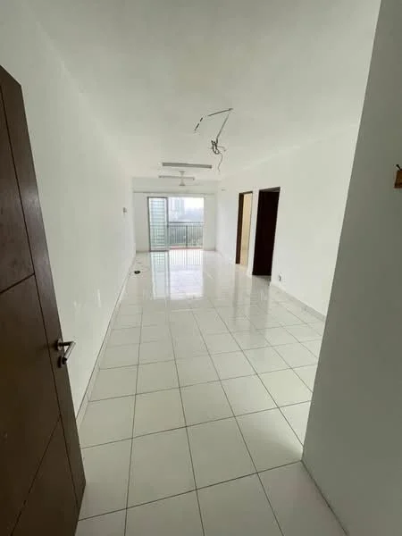 Room features: white painted walls, glossy white tile flooring, sliding glass door, floor-to-ceiling windows, ceiling fan, recessed downlights, open layout, natural light from windows; style: modern; view: city.