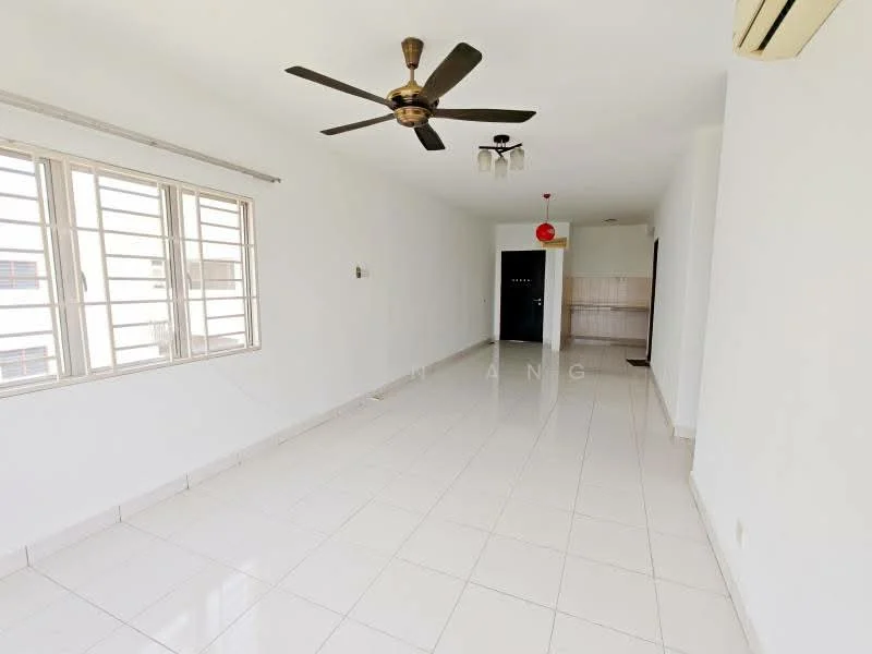 Living features: white painted walls, ceramic tile flooring, 5-blade ceiling fan, recessed downlights, floor-to-ceiling windows, sliding glass door, air conditioning unit, light fixture with red pendant, open layout, neutral decor; style: modern.
