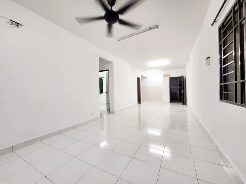 Room features: white painted walls, glossy white floor tiles, ceiling fan, window with metal grille, fluorescent ceiling lights, open layout, neutral color scheme, no visible furniture; style: minimalist.