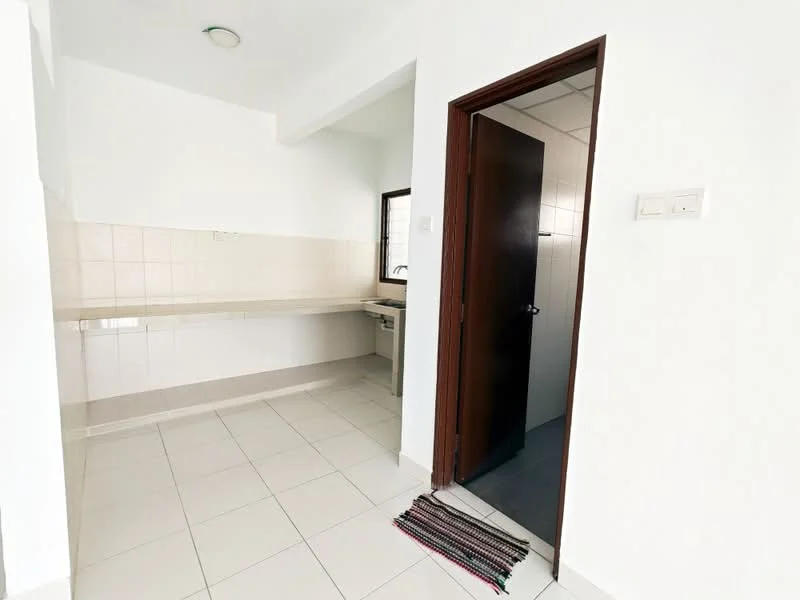 Room features: white painted walls, white tiled flooring, single window, doorway leading to another room, countertop with backsplash, sink, light fixture on ceiling, door with wooden finish, doormat; style: modern.