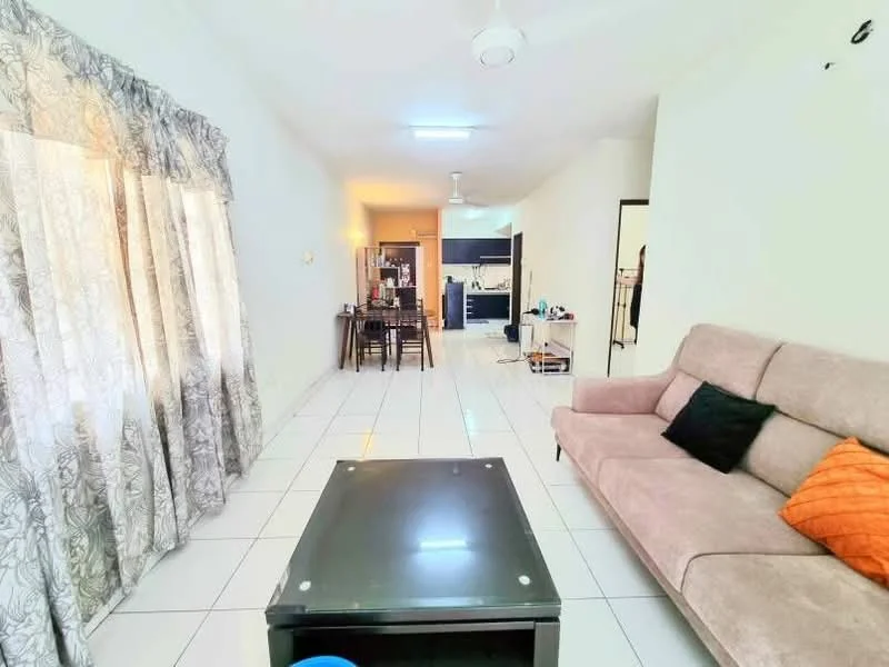 Living features: light grey fabric sofa, black throw pillow, orange throw pillow, glass coffee table, white walls, tile flooring, ceiling fan, curtains with floral pattern, dining table with chairs visible in background, open layout to kitchen, recessed lighting; style: modern.