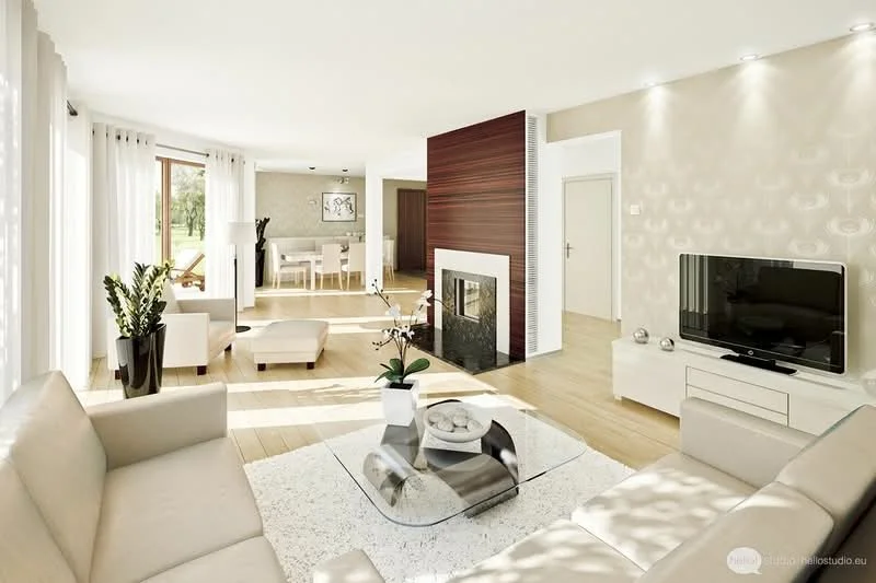 Living features: light grey fabric sofa, glass coffee table, wall-mounted TV, white TV console, decorative plants in ceramic pots, area rug with geometric pattern, floor-to-ceiling windows with sheer curtains, wooden flooring, fireplace with stone surround, accent wall with wood paneling, recessed downlights, decorative wall art; style: modern; view: garden. Dining features: dining table with four chairs, decorative wall art, wooden flooring, natural light from windows; style: modern; view: garden.