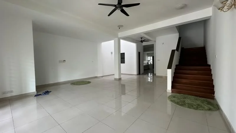 Living features: white painted walls, glossy ceramic tile flooring, 5-blade ceiling fan, two green area rugs, large windows, staircase with wooden steps, open layout, natural light; style: modern. Room features: white painted walls, glossy ceramic tile flooring, 5-blade ceiling fan, large windows, open layout, natural light.