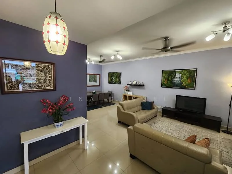 Living features: cream leather sofa, 2-seater fabric sofa in beige, coffee table, wall-mounted TV, area rug with geometric pattern, framed artwork on walls, pendant lamp, 5-blade ceiling fan with light, recessed downlights, cream tiled flooring, blue painted accent wall, decorative plant in ceramic pot; style: contemporary.