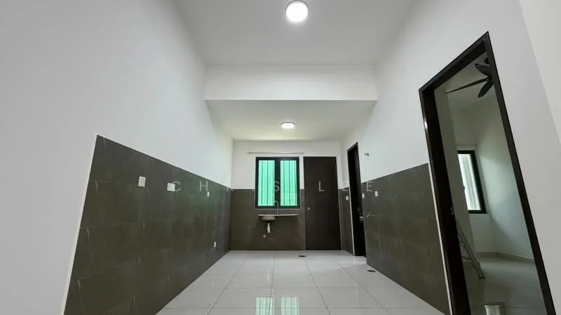 Room features: white painted walls, grey tiled walls, glossy white tile flooring, recessed downlights, ceiling fan, window with green view, door leading to another room, sink mounted on wall; style: modern.