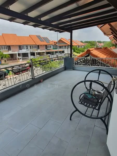 Balcony features: grey tiled flooring, metal railing, covered roof, outdoor seating, potted plant, view of neighboring houses, sunlight exposure, open space; style: modern; view: neighborhood.