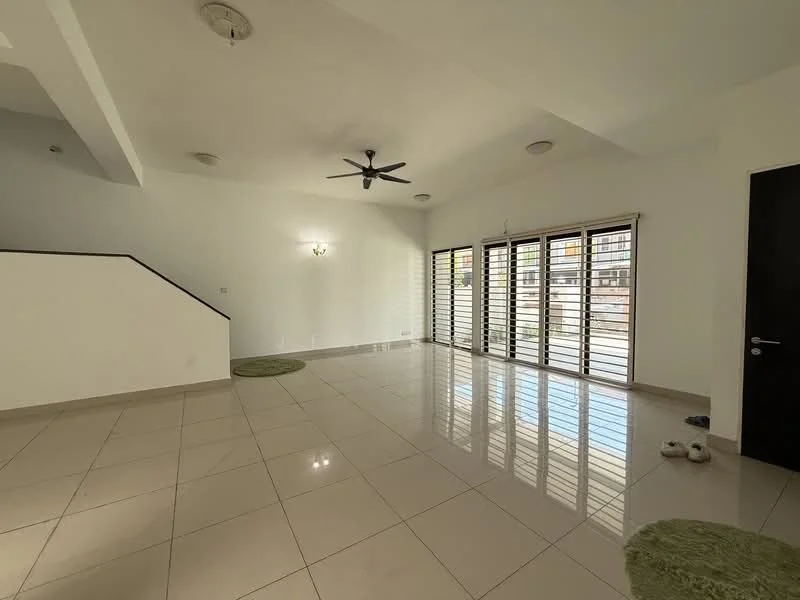 Living features: white painted walls, glossy ceramic tile flooring, 5-blade ceiling fan with light, recessed downlights, floor-to-ceiling windows, horizontal slatted window treatments, two green area rugs, wall-mounted light fixture, open layout, staircase with white walls; style: modern.