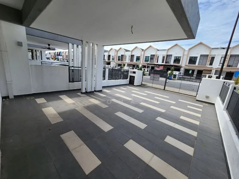 Exterior type: linked terrace house; features: paved flooring with alternating tiles, covered terrace area, metal railing, ceiling fan, open space layout, surrounded by residential units, fenced perimeter; style: modern.